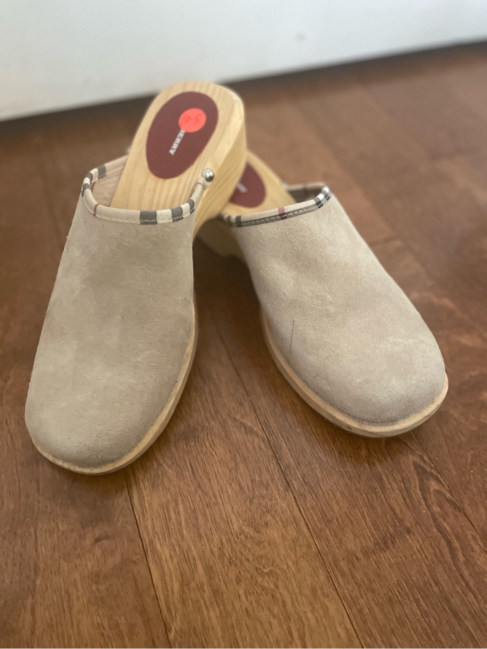 Burberry Beige Suede Clog Mules with Signature Check Trim